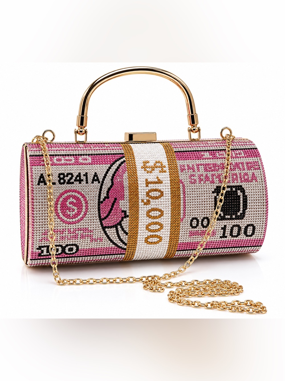 Crystal Embellished Pink Novelty Money Clutch with Gold Chain